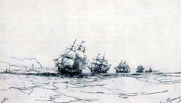 Корабли Черноморского флота в кельватерной колонне. Рисунок И. К. Айвазовского