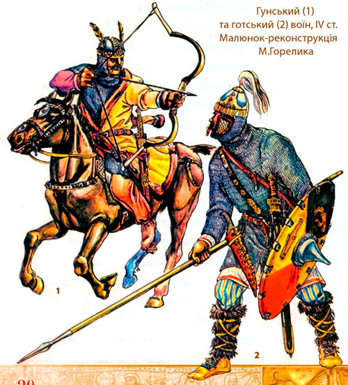 Гунський (1) та готський (2) воїн, IV ст. Малюнок-реконструкція М.Горелика